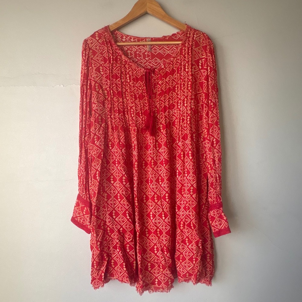 Free People Red Marlow Pintuck‎ Tassel Mini Dress Size Large - Picture 2 of 6